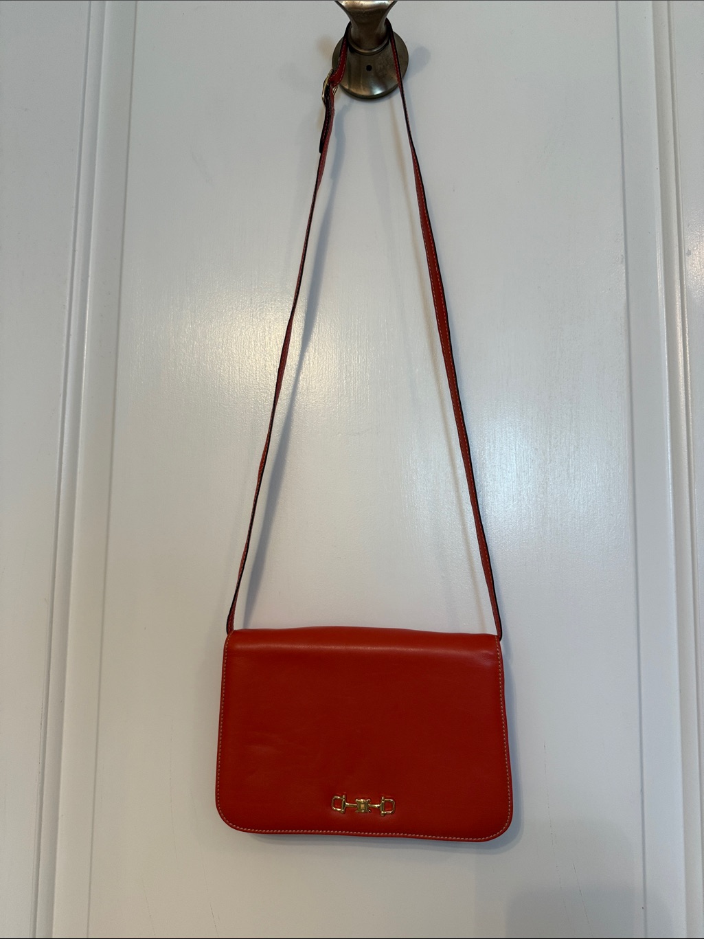 Celine Bag Crossbody Clutch Deep Orange Soft Leather Gold Hardware Tan Interior